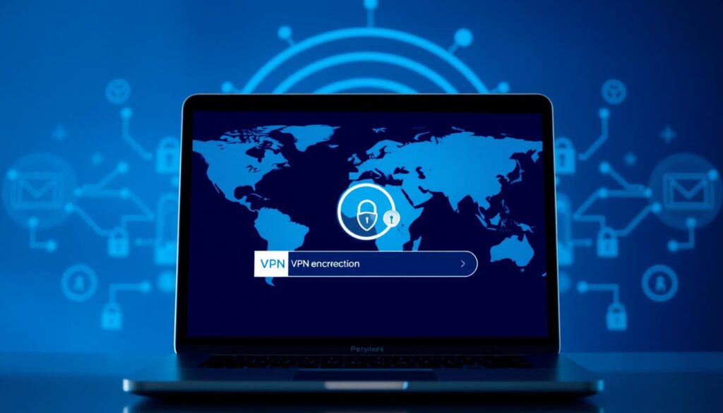 A secure virtual private network (VPN) system, with a sleek, modern interface. In the foreground, a laptop or mobile device displays a VPN connection status, highlighting the encrypted data flow. In the middle ground, a stylized globe or world map conveys the global reach and cross-border privacy of the VPN service. The background features subtle, geometric security patterns and icons, creating a sense of high-tech sophistication. The overall composition is bathed in a cool, calming color palette, suggesting the reliability and trustworthiness of the secure streaming VPN solution.
