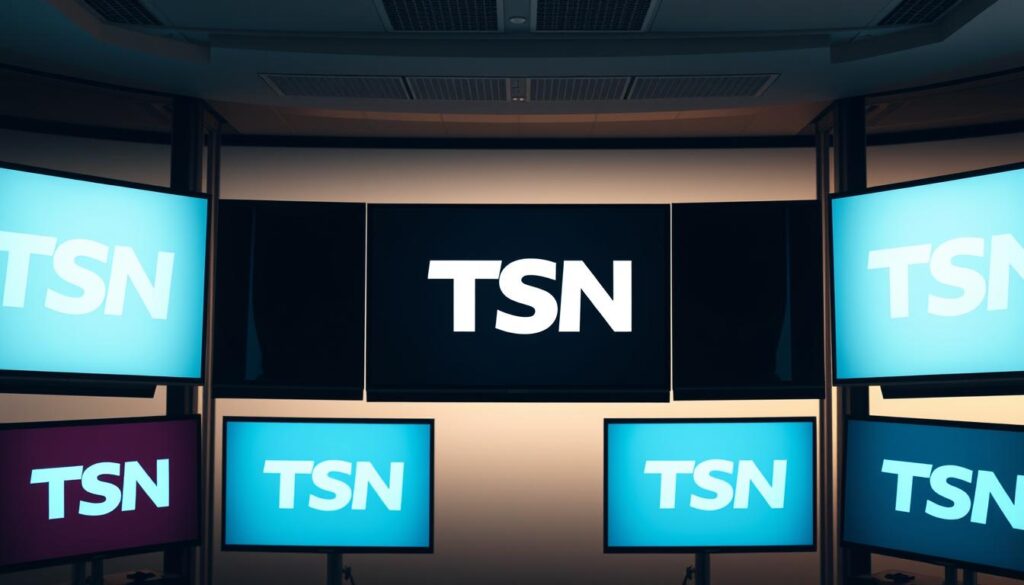A serene and immersive scene of the TSN (The Sports Network) channel logos elegantly displayed across multiple high-definition television screens. The screens are set against a softly blurred background, creating a sense of depth and focus on the central elements. The lighting is natural and evenly distributed, casting a warm, inviting glow on the screens. The camera angle is slightly elevated, providing a panoramic view that captures the entirety of the display. The overall atmosphere conveys the importance and prestige of the TSN brand, highlighting its significance for Canadian sports enthusiasts.
