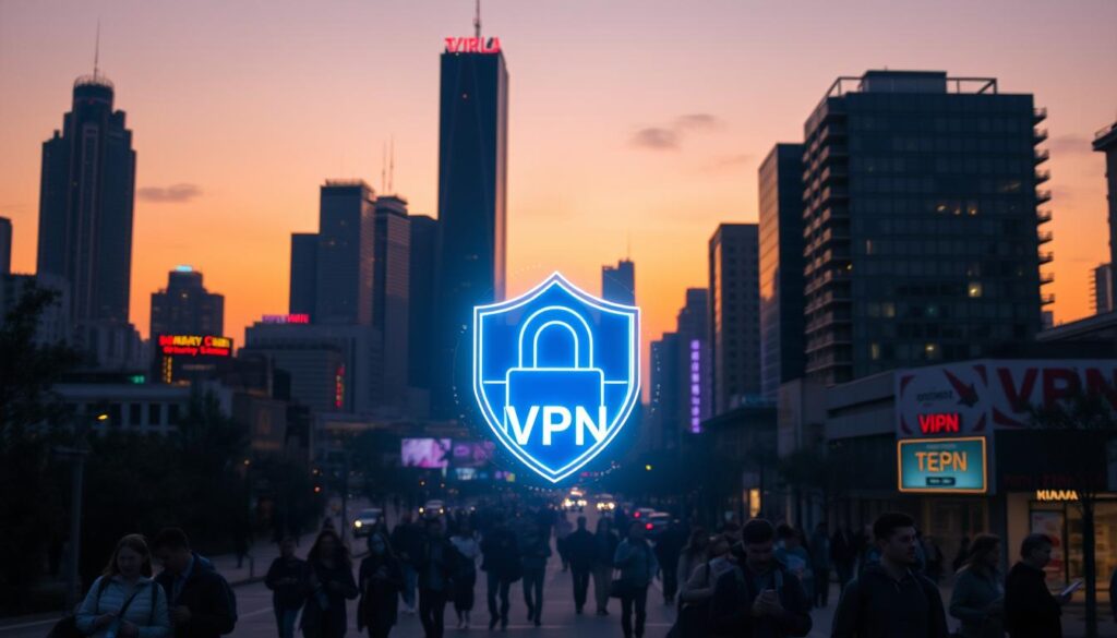A serene, futuristic cityscape at dusk, with towering skyscrapers and a glowing, holographic VPN icon prominently displayed in the foreground. The streets are filled with people hurrying to their destinations, their digital devices illuminated by the neon lights of the city. In the background, a subtle haze of digital encryption cascades across the skyline, creating an atmosphere of privacy and security. The lighting is dramatic, with warm hues of orange and purple casting long shadows. The composition features a wide-angle lens, capturing the grandeur of the scene and the importance of the VPN icon as the central focus.
