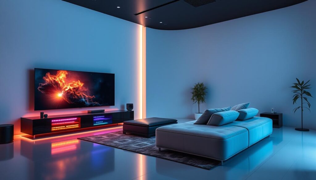 A serene, futuristic living room showcasing the latest premium streaming features. In the foreground, a sleek, ultra-high-definition 4K television dominates the scene, its display radiating a vibrant, lifelike image. Beside it, a state-of-the-art media center pulses with multicolored lights, indicating the breadth of its connectivity and entertainment options. In the middle ground, a plush, ergonomic sofa invites viewers to sit back and immerse themselves in the premium content. The background is softly lit, creating a cozy, inviting atmosphere, with subtle hints of smart home integration and voice-controlled capabilities. The overall scene conveys a sense of cutting-edge technology seamlessly blended with luxurious comfort, exemplifying the key features of a premium IPTV service.
