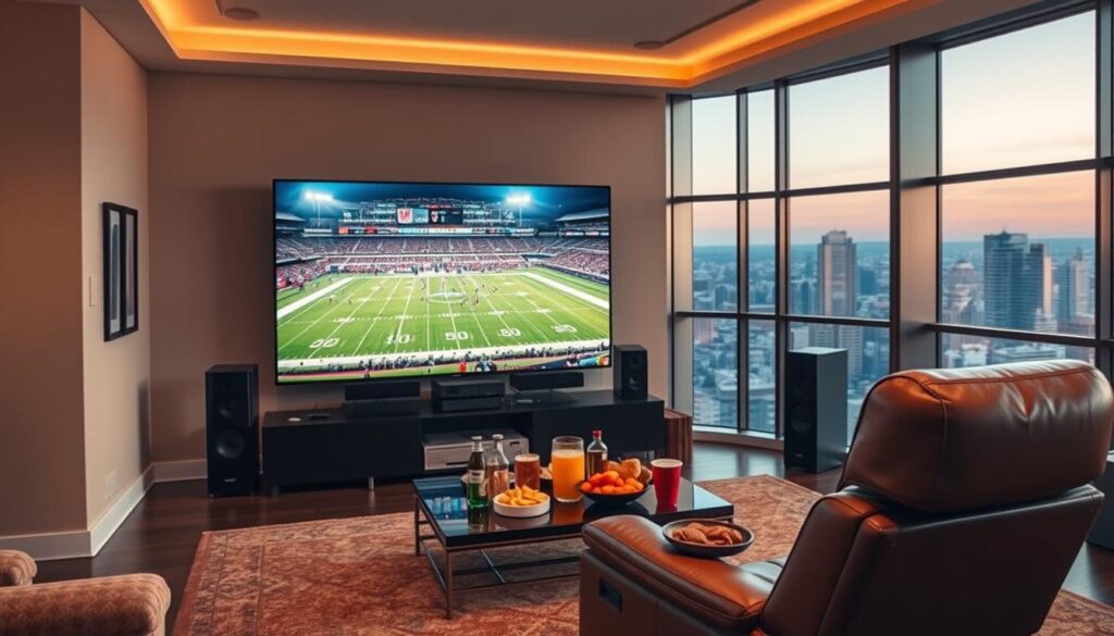 A serene living room setting with a large, high-definition TV screen displaying a crisp, vibrant NFL game in progress. The room is bathed in warm, soft lighting, creating a cozy and inviting atmosphere. In the foreground, a premium leather recliner with plush cushions beckons, surrounded by high-end audio equipment and sleek, modern decor. The middle ground features a coffee table adorned with premium snacks and refreshments, suggesting a premium gameday experience. The background incorporates panoramic windows overlooking a picturesque cityscape, hinting at the user's elevated vantage point and luxurious lifestyle.