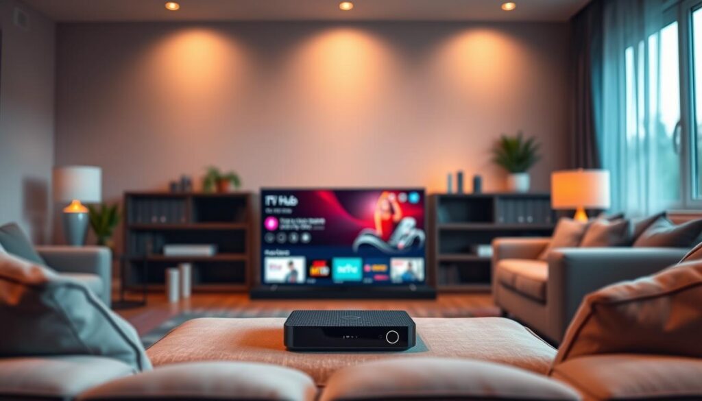 A serene living room with a sleek IPTV streaming device prominently displayed, surrounded by comfortable furnishings. The screen showcases a crisp, vibrant ITV Hub interface, free of distracting advertisements. Soft, warm lighting creates a cozy atmosphere, inviting the viewer to sit back and enjoy an uninterrupted, high-quality ITV viewing experience. The overall scene conveys a sense of modern, ad-free media consumption, highlighting the convenience and seamlessness of streaming ITV content without interruptions.