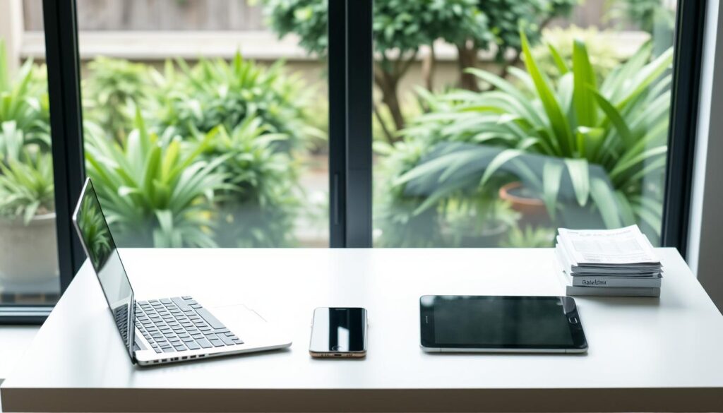 A serene, minimalist workspace with a sleek laptop, smartphone, and tablet arranged neatly on a white desk. Soft, diffused lighting illuminates the scene, creating a sense of productivity and focus. In the background, a window overlooking a lush, verdant garden provides a calming, natural backdrop. Subtle visual cues, such as a stack of financial documents or a digital savings tracker, suggest the theme of "maximizing streaming savings". The overall composition conveys a sense of organization, efficiency, and a balanced approach to managing one's IPTV subscription and expenses.