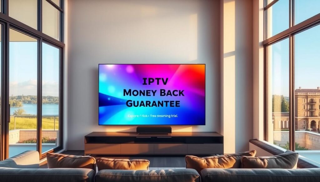 Un salon moderne et serein avec un canapé confortable et un grand écran de télévision haute définition.