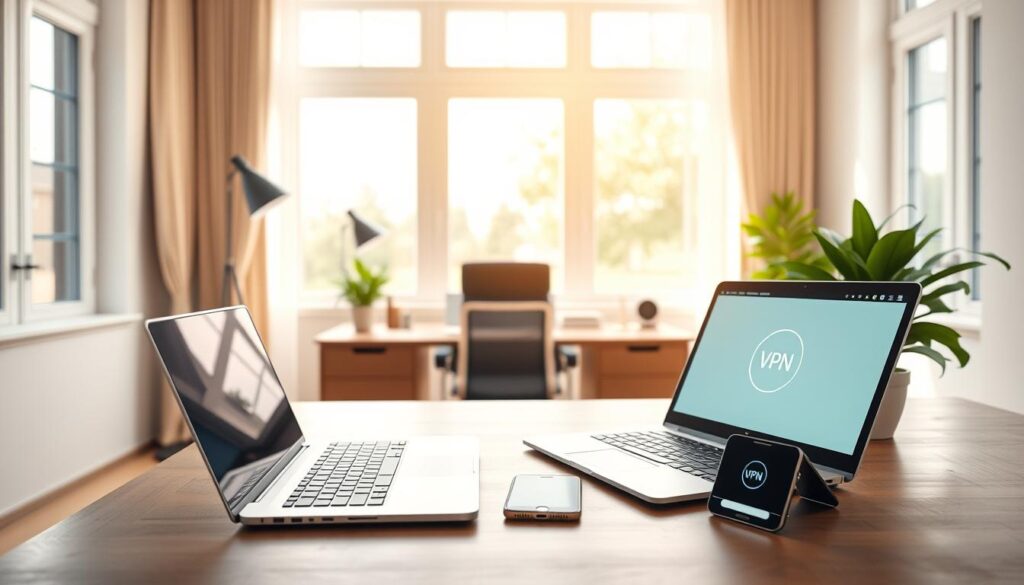 A serene, well-lit home office setup with a laptop, smartphone, and a secure VPN connection visually represented. In the foreground, a sturdy desk with a modern laptop, its screen glowing with a VPN interface. Beside it, a smartphone displaying a VPN connectivity indicator. The middle ground features ergonomic office accessories like a stylish lamp and a potted plant, conveying a sense of comfort and productivity. The background showcases floor-to-ceiling windows, allowing natural light to filter in and creating a calming, secure atmosphere. The entire scene exudes a sense of digital privacy and protection for seamless IPTV streaming.