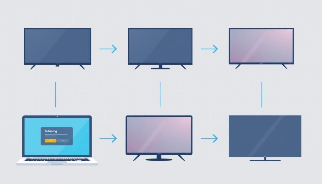 A series of clean, minimalist illustrations depicting the step-by-step process of subscribing to an IPTV service. The foreground features a stylized laptop or desktop computer screen with a simple user interface guiding the viewer through the subscription flow. The middle ground shows various smart TV models - Samsung, LG, and Sony - to represent the end-user devices. The background has a subtle grid or graph pattern, conveying a sense of technology and connectivity. The color palette is muted yet vibrant, using a combination of cool greys, blues, and accents of warm orange or yellow. The overall mood is professional, informative, and visually appealing, suitable for inclusion in a tutorial article.