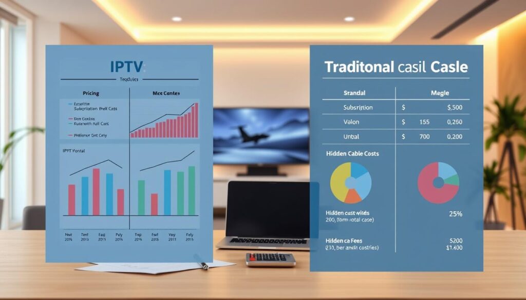 A side-by-side comparison of IPTV and traditional cable TV costs, featuring a stylized financial report with clear data visualizations. The foreground shows neatly arranged bar graphs, line charts, and pie charts displaying the relative pricing, subscription fees, and hidden costs of each service. The middle ground features a neutral-colored workspace with a laptop, calculator, and other office accessories, conveying a professional, analytical atmosphere. The background depicts a modern, minimalist interior design with clean lines, warm lighting, and hints of technology to reinforce the digital nature of IPTV. The overall mood is one of informed decision-making, with the data presentation guiding the viewer toward the advantages of IPTV over traditional cable.