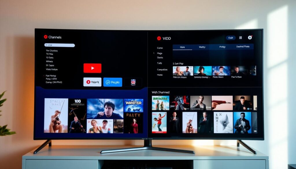 A side-by-side comparison of a live IPTV channel interface and a video-on-demand library, showcased on a sleek and modern display. The live channels are presented with a clean, minimalist EPG, while the VOD section features rich thumbnail previews and intuitive navigation. Warm, natural lighting illuminates the scene, creating a cozy and inviting ambiance. The composition is balanced, with the two elements given equal prominence to highlight their importance. The overall tone is one of professionalism and sophistication, reflecting the informative nature of the article.