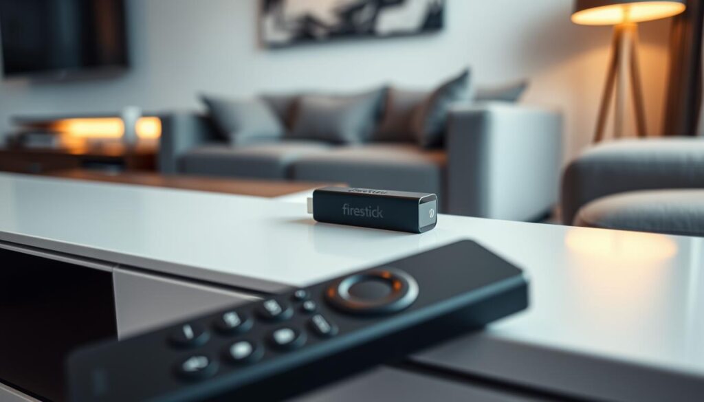 A sleek Firestick device sits atop a modern entertainment center, its discreet design blending seamlessly with the clean, minimalist decor. Soft, ambient lighting casts a warm glow, highlighting the Firestick's sharp edges and simple yet elegant aesthetic. In the foreground, a remote control with intuitive buttons and a smooth, matte finish rests, ready to navigate the IPTV interface. The backdrop features a blurred, yet sophisticated living room setting, with hints of modern furniture and subtle textures that create a cohesive, high-end atmosphere. The overall scene conveys a sense of effortless technology integration, perfect for enjoying the expansive IPTV content on the big screen.