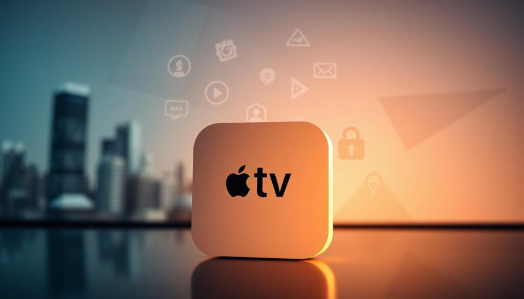 A sleek and modern Apple TV device prominently displayed in the foreground, its iconic white design and minimalist form glowing under warm, directional lighting. In the middle ground, various IPTV-related icons and graphics float around the device, hinting at the technology and services it can unlock. The background features a subtle, blurred cityscape or abstract geometric patterns, conveying a sense of connectivity and digital innovation. The overall composition exudes a sense of sophistication, functionality, and the seamless integration of traditional media with cutting-edge streaming technology.