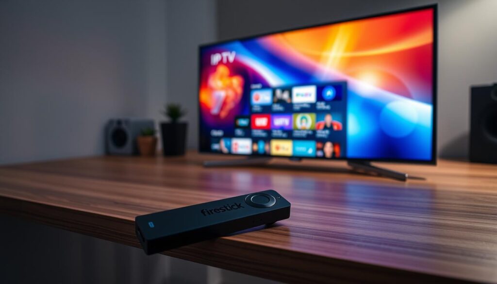 A sleek and modern Firestick device resting on a minimalist wooden desk, its glowing display prominently showcasing a vibrant IPTV interface. The screen radiates a warm, inviting glow, highlighting the diverse range of live TV channels and on-demand content available to the user. Soft, indirect lighting casts an ambient, cinematic atmosphere, while the Firestick's clean, understated design complements the elegant workspace. The overall scene conveys the convenience, accessibility, and entertainment value that IPTV offers to UK Firestick users.