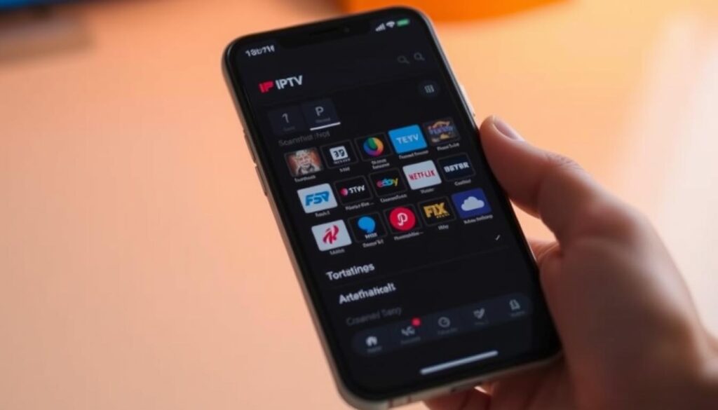 A sleek and modern IPTV interface displayed on a high-resolution smartphone screen, showcasing a clean grid of streaming channels and intuitive control options. The screen is bathed in a soft, warm lighting, creating a cozy and inviting atmosphere. The user interface features minimal, yet elegant typography and icons, allowing for easy navigation and selection of desired content. The overall composition emphasizes the simplicity and user-friendliness of the IPTV setup, perfectly complementing the "Step-by-Step Setup Guide for iPhone" section of the article.