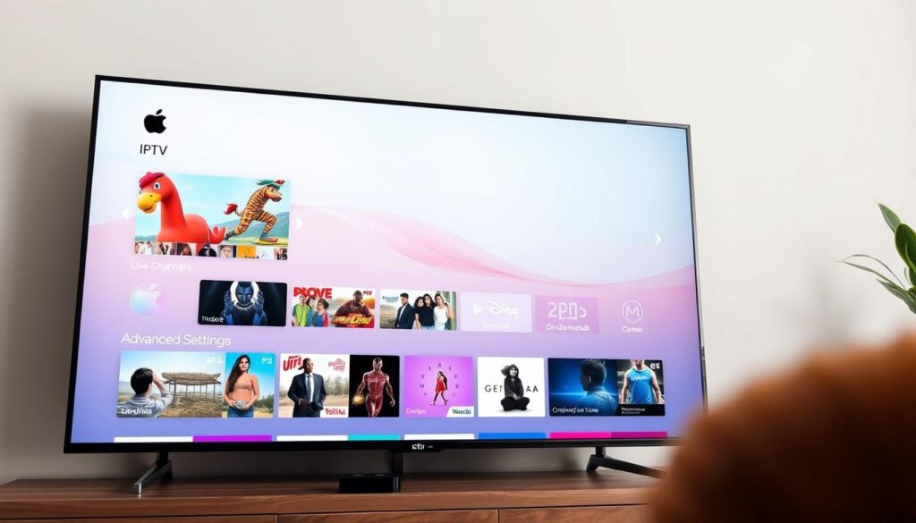 A sleek and modern IPTV service interface displayed on a large, high-resolution Apple TV screen. The UI features clean lines, vibrant colors, and intuitive navigation elements. In the foreground, a curated selection of popular live TV channels and on-demand content is showcased with eye-catching thumbnails. The middle ground includes advanced settings and customization options, allowing the user to personalize their IPTV experience. The background subtly depicts the Apple TV hardware, with a minimalist aesthetic that complements the overall design. The lighting is soft and diffused, creating a warm, inviting atmosphere. The camera angle is slightly elevated, providing an immersive and dynamic perspective of the IPTV service in action.