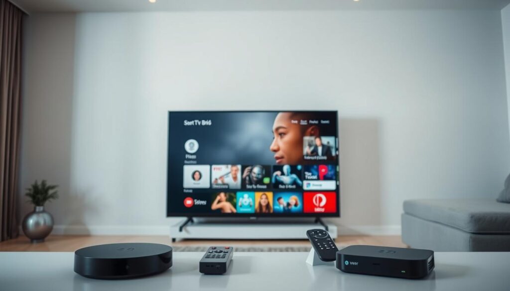 A sleek and modern IPTV service interface. In the foreground, a smart TV screen displays a clean and intuitive menu, showcasing a variety of content categories. The middle ground features streaming boxes, remote controls, and other IPTV hardware, hinting at the seamless connectivity and user-friendly experience. The background depicts a minimalist living room setting, with subtle lighting and a sense of technological sophistication. The overall atmosphere conveys the convenience, flexibility, and entertainment value of a premium IPTV subscription service.
