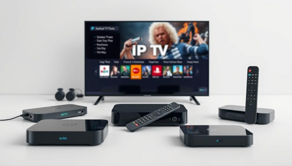 A sleek and modern IPTV setup, featuring a state-of-the-art set-top box, remote control, and an array of digital streaming devices. The devices are showcased in a minimalist, well-lit studio setting, with a clean, white backdrop that highlights their elegant design. The arrangement suggests a seamless home entertainment system, ready to deliver a vast library of on-demand movies and live TV channels. The overall mood is one of technological sophistication and the promise of boundless entertainment at the user's fingertips.
