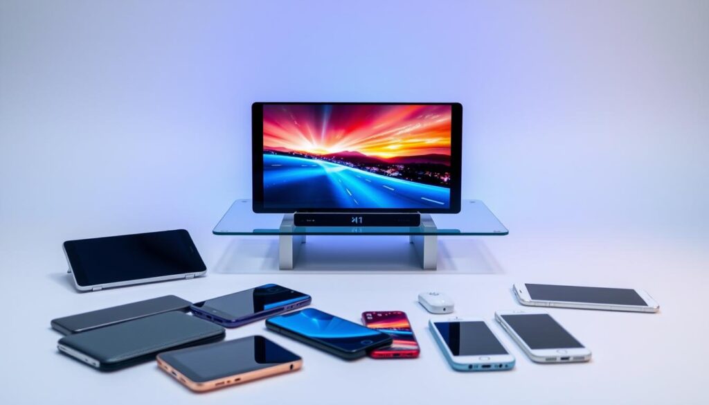 A sleek and modern IPTV streaming device sits atop a minimalist glass table, surrounded by a clean, white background. The device displays a vibrant, high-definition video stream, its UI showcasing a seamless, user-friendly interface. Subtle neon-blue lighting illuminates the device, creating a futuristic, tech-forward atmosphere. In the foreground, a collection of various smart devices, such as smartphones and tablets, are arranged, emphasizing the cross-platform compatibility and accessibility of the IPTV technology. The scene is captured with a sharp, focused lens, highlighting the precise details and the cutting-edge nature of the IPTV streaming solution.