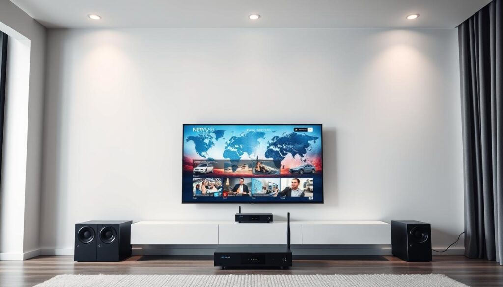 A sleek and modern IPTV streaming setup in a minimalist home entertainment space. A large 4K smart TV dominates the center, displaying vibrant global news coverage. Surrounding it, a state-of-the-art IPTV receiver and wireless router blend seamlessly into the chic, monochromatic decor. Soft, diffused lighting from recessed ceiling fixtures creates a warm, inviting ambiance. The setup is arranged against a backdrop of clean, uncluttered walls, conveying a sense of the future of television viewing.