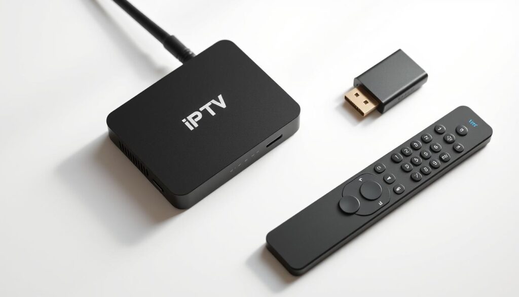A sleek and modern arrangement of IPTV devices, including a high-end streaming box, a compact HDMI dongle, and a wireless remote control. The devices are arranged on a minimalist white surface, with soft, directional lighting highlighting their clean lines and premium finishes. The overall scene conveys a sense of sophistication and affordability, suggesting the accessibility of quality IPTV solutions for budget-conscious consumers.