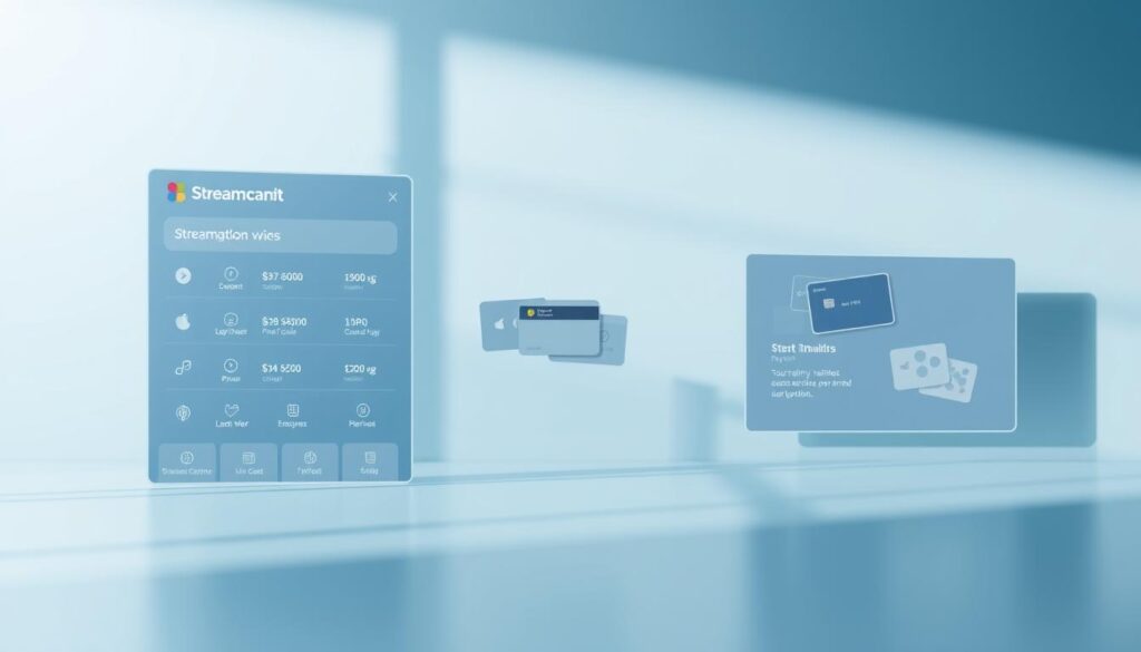 A sleek and modern digital display showcasing various streaming service payment options. The foreground features a minimalist layout with clean lines and intuitive icons representing different subscription tiers, payment methods, and pricing plans. The middle ground depicts stylized card designs and virtual wallets, conveying the convenience and security of online transactions. The background maintains a cool, muted palette with subtle gradients, emphasizing the digital nature of the scene. Soft, directional lighting casts gentle shadows, creating depth and highlighting the premium, high-tech aesthetic. The overall composition aims to strike a balance between functionality and visual appeal, reflecting the seamless integration of technology and financial services.