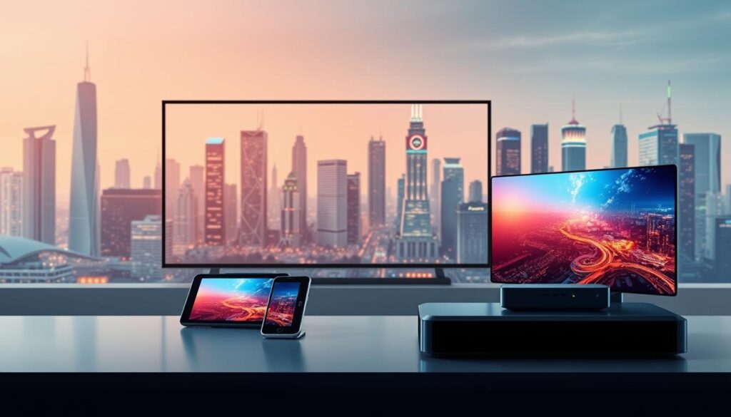 A sleek and modern illustration of IPTV technology. In the foreground, a minimalist display shows a crisp, high-definition video stream with vibrant colors and sharp details. The middle ground features an array of smart devices, including a tablet, smartphone, and streaming box, all connected to a seamless IPTV network. In the background, a clean and futuristic cityscape with towering skyscrapers and glowing tech infrastructure provides a sense of the advanced, interconnected nature of IPTV. The overall scene is bathed in a warm, yet slightly cool lighting, conveying a sense of technological sophistication and the cutting-edge nature of IPTV. The composition is balanced and visually appealing, highlighting the key elements of this innovative media delivery system.