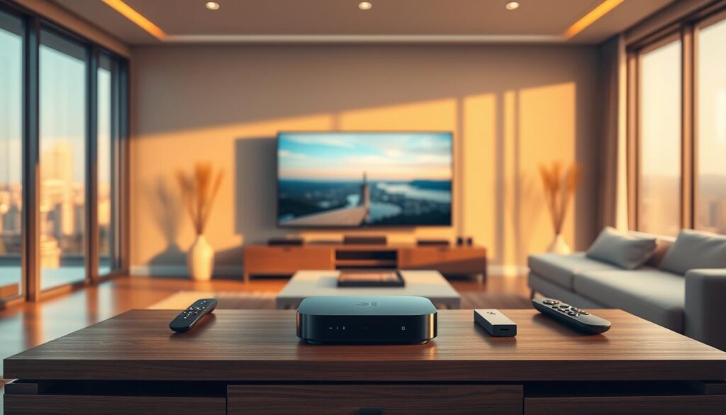 A sleek and modern living room setting, bathed in warm, soft lighting. In the foreground, a premium streaming device rests on a minimalist wooden media console, its polished exterior gleaming. Surrounding it, various remote controls and accessories suggest the seamless integration of advanced entertainment technology. In the middle ground, a large, high-definition television display showcases vibrant, cinema-quality visuals, hinting at the superior streaming experience. The background features floor-to-ceiling windows, revealing a tranquil, urban skyline. The overall atmosphere conveys a sense of luxury, comfort, and effortless connectivity, inviting the viewer to immerse themselves in the premium streaming benefits.