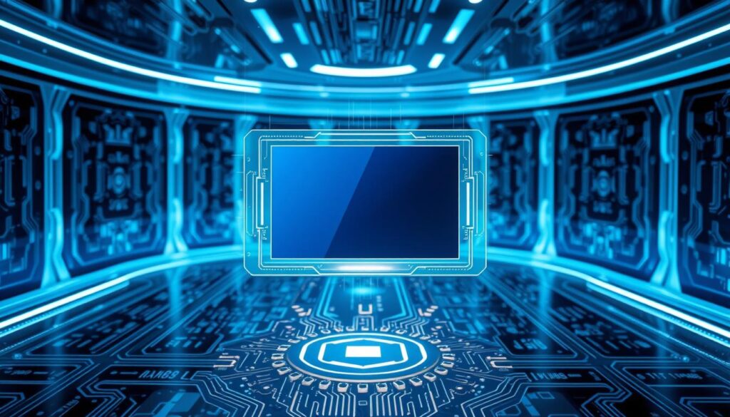 A sleek, futuristic digital environment with a seamless streaming technology interface. In the foreground, a floating holographic display showcases smooth, uninterrupted video playback with a crisp, high-definition image. The middle ground features intricate circuit boards and data visualizations, hinting at the advanced processing power driving the buffer-free experience. The background is bathed in a cool, blue-tinted lighting, creating a sense of technological sophistication and innovation. The overall composition conveys a sense of effortless connectivity and the cutting-edge nature of the streaming solution.