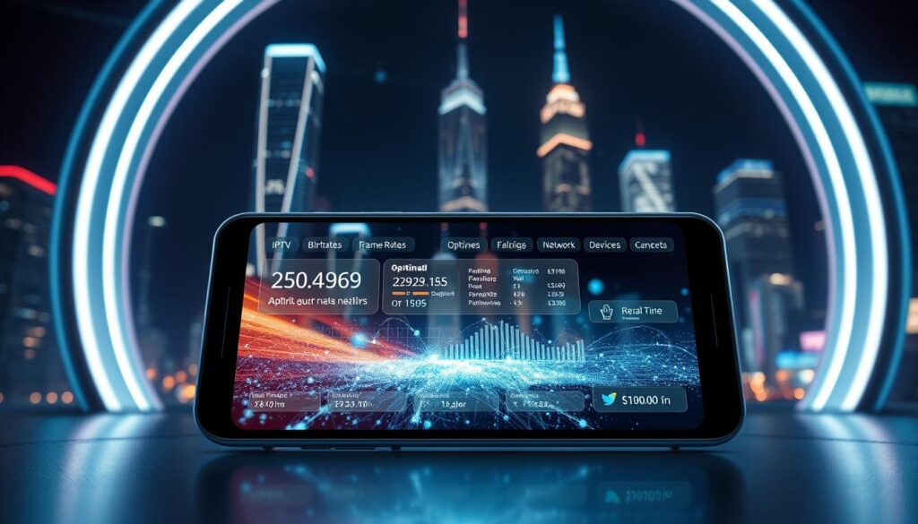 A sleek, futuristic scene depicting adaptive streaming technology. In the foreground, a stylized mobile device displays a vivid IPTV interface, the screen reflecting an array of real-time data visualizations showcasing optimal bitrates, frame rates, and network conditions. The middle ground features dynamic particle effects, illustrating the seamless flow of data across interconnected devices and networks. In the background, a cityscape at night provides an atmospheric backdrop, with towering skyscrapers and glowing neon lights that convey a sense of technological prowess and innovation. The lighting is dramatic, with cool hues and sharp shadows that emphasize the advanced, high-tech nature of the scene. The overall mood is one of efficiency, connectivity, and the power of adaptive streaming to deliver an exceptional viewing experience.