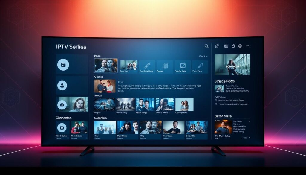 A sleek, futuristic user interface displaying an electronic program guide. The foreground features a clean, modern design with crisp icons and smooth typography, highlighting various TV show thumbnails, channel listings, and time slots. The middle ground showcases detailed program information, genre tags, and an intuitive navigation menu. The background has a subtle, gradient-based color scheme with minimal geometric patterns, creating a visually appealing and immersive experience. Soft, directional lighting from the top left casts a warm, inviting glow across the display, emphasizing the clarity and responsiveness of the interface. The overall mood is one of technological sophistication and user-friendliness, perfectly suited for an IPTV family plan experience.