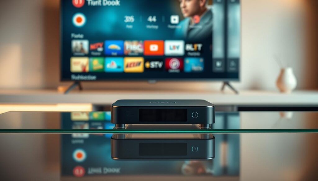 A sleek, high-tech Android box rests on a minimalist, glass-top table, bathed in warm, directional lighting that highlights its clean lines and premium materials. The device's user interface is displayed on a large, 4K television in the background, showcasing its intuitive, app-driven smart TV capabilities. Subtle reflections on the table surface and a softly blurred, modern interior setting create a sense of sophistication and technological prowess, reflective of the IPTV Android box's advanced features.