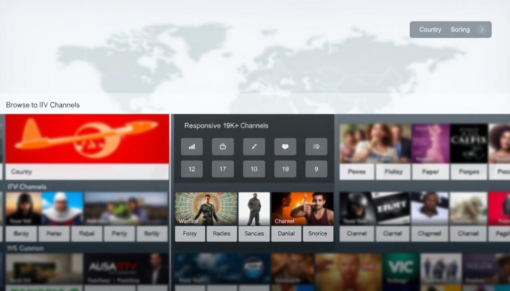 A sleek, intuitive user interface for browsing and sorting IPTV channels by country and content category. In the foreground, a modern, minimalist design with clean lines and a focus on typography. Channels are displayed in a grid layout, with crisp thumbnails and clear categorization. The middle ground features a responsive, dynamic sorting system, allowing users to easily navigate the extensive 19K+ channel library. In the background, a subtle, blurred world map provides a sense of global connectivity. The overall tone is one of efficiency, clarity, and a seamless user experience, inviting the viewer to explore the vast array of entertainment options.