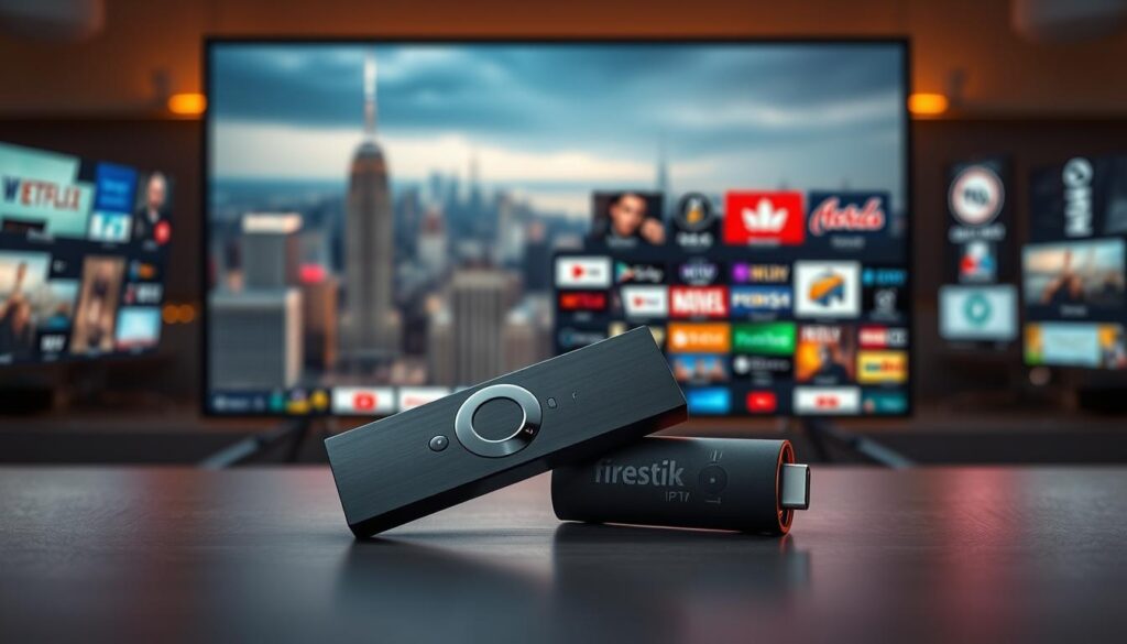 A sleek, modern Firestick device centered in the foreground, its minimalist design and brushed metal finish gleaming under soft, warm lighting. In the middle ground, a vibrant display showcases a vast array of IPTV channels, their logos and thumbnails dancing across the screen. The background features a blurred cityscape, skyscrapers and neon signs hinting at the boundless entertainment options available at the user's fingertips. The scene conveys a sense of technological sophistication, effortless access to content, and the fusion of device and digital landscape for a seamless streaming experience.