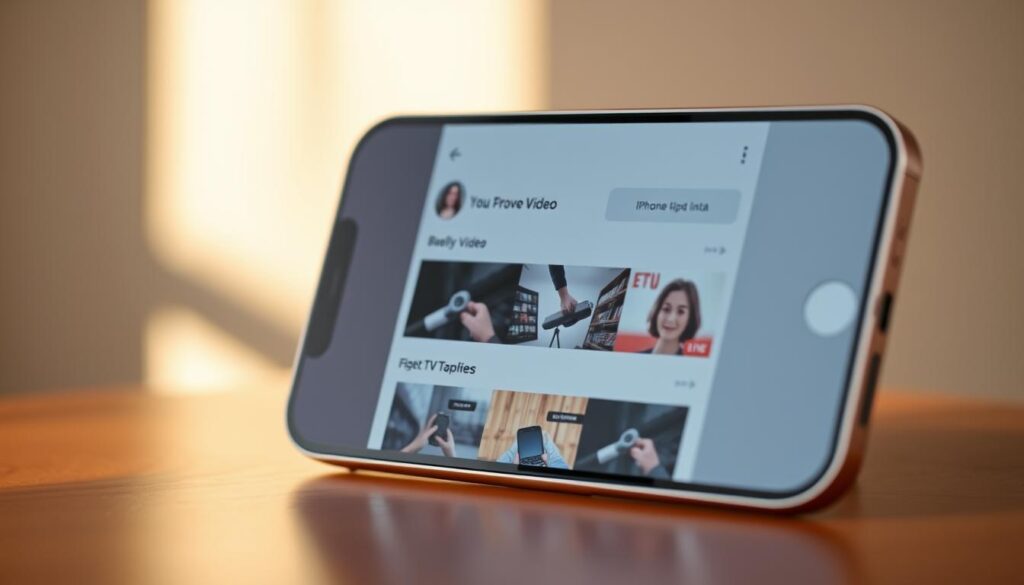A sleek, modern IPTV app interface displayed on the screen of a silver iPhone 13 Pro. The app features a clean, minimalist design with intuitive navigation menus, high-quality video thumbnails, and a sophisticated color palette of dark grays, whites, and subtle pops of blue. The device is shown against a softly blurred background, emphasizing the app's streamlined usability and the benefits of IPTV for iOS devices. Warm, natural lighting casts gentle shadows, creating a sense of depth and emphasizing the app's crisp, high-resolution graphics. The overall scene conveys the convenience, versatility, and premium user experience of IPTV on iPhone and iPad.