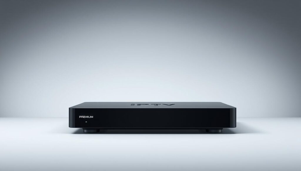 A sleek, modern IPTV device set against a clean, minimalist background. The device is rendered in high detail, showcasing its premium construction and intuitive interface. Soft, directional lighting illuminates the device, creating a sense of sophistication and quality. The overall composition emphasizes the device's central role, drawing the viewer's attention to the IPTV subscription offering. The background is a subtle gradient, allowing the device to take center stage and convey a sense of exclusivity and value. The mood is one of sophistication, reliability, and a premium entertainment experience.