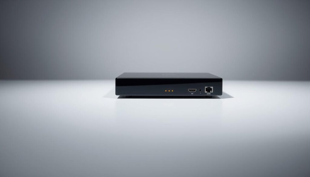 A sleek, modern IPTV player device rests on a minimalist, white surface. The player has a clean, rectangular design with a glossy black finish and discreet LED indicators. In the foreground, the device's essential ports and connections are clearly visible, including HDMI, Ethernet, and power inputs. The lighting is soft and even, creating a subtly reflective surface that highlights the player's elegant aesthetic. The background is a simple, uncluttered grey gradient, allowing the IPTV player to be the focal point of the composition. The overall mood is one of technological sophistication and streamlined functionality, reflecting the technical requirements for seamless streaming of Channel 4 content in HD.