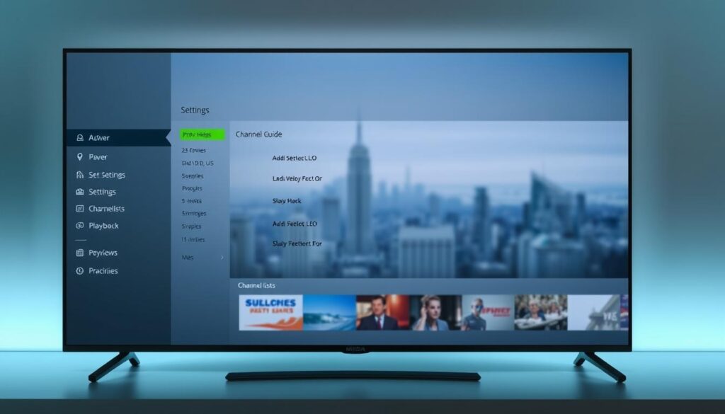 A sleek, modern IPTV settings interface displayed on a high-resolution 4K NVIDIA Shield display. In the foreground, a clean and intuitive dashboard showcases various configuration options, such as server settings, channel lists, and playback controls, all presented in a minimalist and user-friendly layout. The middle ground highlights a detailed channel guide, with crisp thumbnails and program information, allowing for seamless navigation. The background features a subtle, blurred cityscape, conveying a sense of technological sophistication and the promise of a immersive 4K streaming experience. Soft, ambient lighting and a cool color palette create a calming, professional atmosphere, inviting the user to explore the IPTV settings and unlock the full potential of their NVIDIA Shield device.