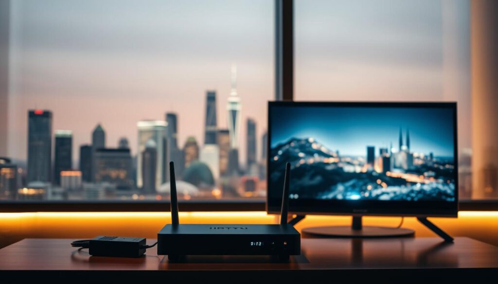 A sleek, modern IPTV setup with a smart TV in the foreground, displaying crisp video streaming. Behind it, a router and modem arrangement, symbolizing the network infrastructure powering the IPTV service. In the background, a serene cityscape with skyscrapers, hinting at the widespread availability and accessibility of IPTV technology. The lighting is warm and inviting, creating a professional, yet approachable atmosphere. The composition is balanced, with the technical elements complementing the visual aesthetic, showcasing the seamless integration of IPTV into everyday life.