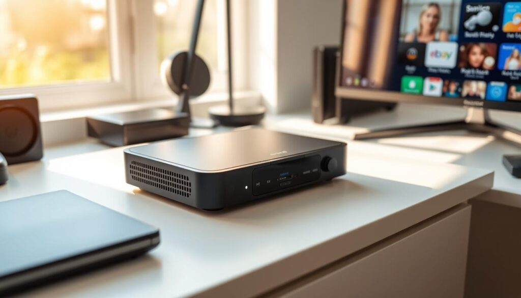 A sleek, modern IPTV streaming device rests on a minimalist desk, surrounded by a clutter-free workspace. The device's clean, rectangular design is accentuated by smooth, matte black surfaces and subtle LED indicators. Sunlight streams through a nearby window, casting warm, natural lighting that highlights the device's premium, high-tech aesthetic. The device's simple, intuitive interface is visible on a nearby monitor, suggesting the ease and convenience of accessing a vast array of on-demand content. The overall scene conveys a sense of efficiency, sophistication, and the promise of an affordable, cable-free entertainment experience.