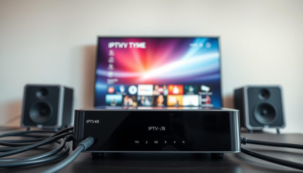 A sleek, modern IPTV system against a minimalist backdrop. In the foreground, a state-of-the-art IPTV set-top box with clean lines and glossy finish, surrounded by neatly organized cables and connectors. The middle ground features a high-definition smart TV displaying a vibrant, crystal-clear streaming interface. In the background, a simple, neutral-toned wall accentuates the technological elegance of the setup. Gentle, diffused lighting creates a sophisticated, professional atmosphere, highlighting the precision engineering of the IPTV components. The overall composition conveys a sense of reliable, seamless connectivity for a top-tier home entertainment experience.