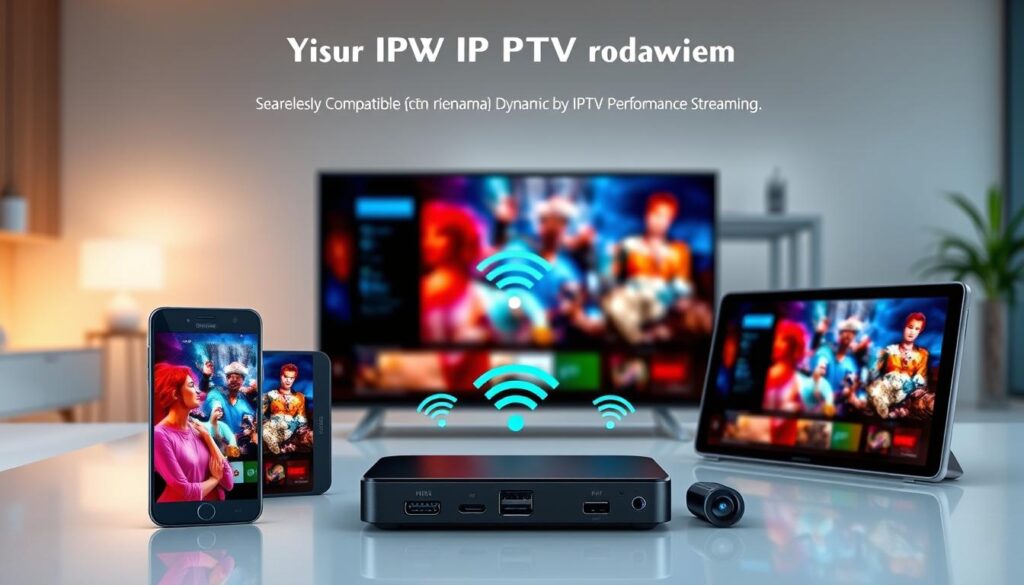 A sleek, modern composition showcasing multiple devices seamlessly compatible with a dynamic IPTV streaming service. In the foreground, a smartphone, tablet, and smart TV display vibrant, high-quality video content, surrounded by a minimalist, technology-inspired environment. Subtle ambient lighting accentuates the clean lines and premium materials of the devices, conveying a sense of reliable, high-performance streaming. The middle ground features an array of connectivity options, such as HDMI ports and Wi-Fi symbols, emphasizing the versatility and cross-platform compatibility. In the background, a softly blurred cityscape or home interior setting provides a relatable context for the technology, highlighting its integrated role in modern entertainment and communication.