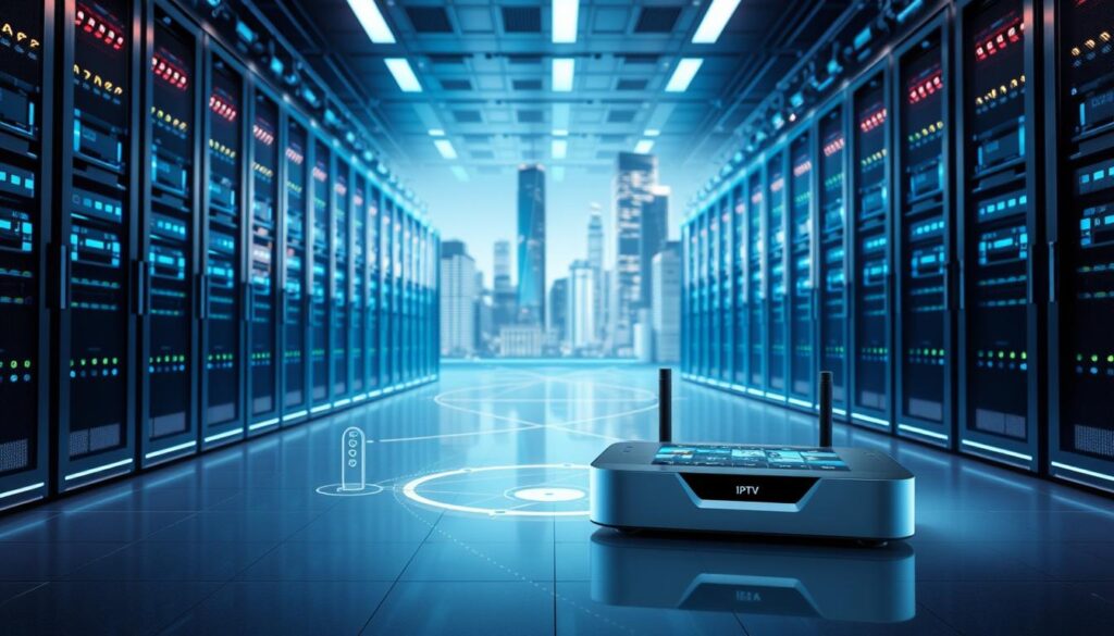 A sleek, modern data center filled with servers, routers, and networking equipment glowing with a cool, blue-tinted lighting. In the foreground, a futuristic IPTV set-top box with a smooth, minimalist design stands prominently, its digital display showing an array of streaming channels and services. The middle ground features a network diagram illustrating the flow of digital content from the IPTV infrastructure to connected TVs, tablets, and mobile devices in a home or office setting. The background showcases a cityscape with tall, gleaming skyscrapers, representing the global reach and scale of IPTV technology. The overall scene conveys the power, efficiency, and transformative impact of IPTV on the future of television consumption.