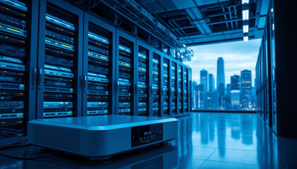A sleek, modern data center with rows of server racks, intricate cable management, and glowing indicator lights. In the foreground, a futuristic IPTV set-top box with a minimalist design and a seamless user interface displayed on a high-resolution screen. The background features a cityscape of towering skyscrapers, reflecting the global reach and connectivity of IPTV technology. The scene is bathed in a cool, blue-tinted lighting, evoking the digital and technological nature of the subject matter. The overall atmosphere conveys a sense of innovation, efficiency, and the evolution of IPTV streaming capabilities.
