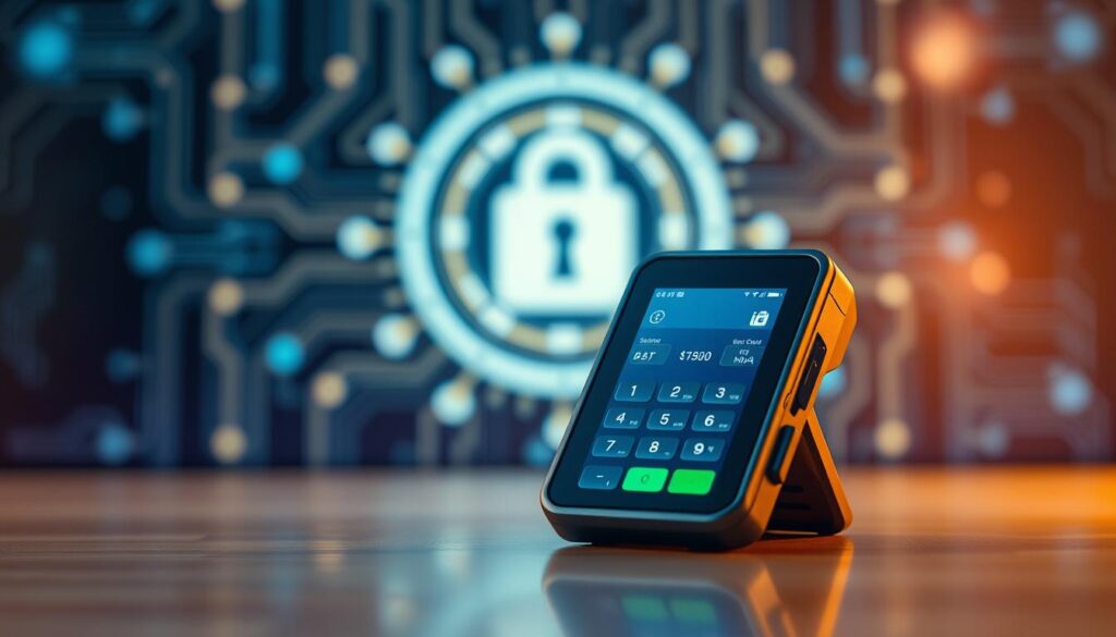 A sleek, modern digital payment terminal against a blurred background of fintech-inspired elements. In the foreground, the terminal displays a secure card transaction process, with card icons, icons representing digital security, and subtle glowing indicators. The middle ground features a stylized blockchain pattern or circuit board design, hinting at the underlying technology. The background has a gradient or soft bokeh effect, creating a sense of depth and emphasizing the focal point of the secure transaction. Warm lighting from the sides casts a professional, high-tech ambiance. The overall composition conveys the reliability and safety of credit/debit card payments for IPTV services.