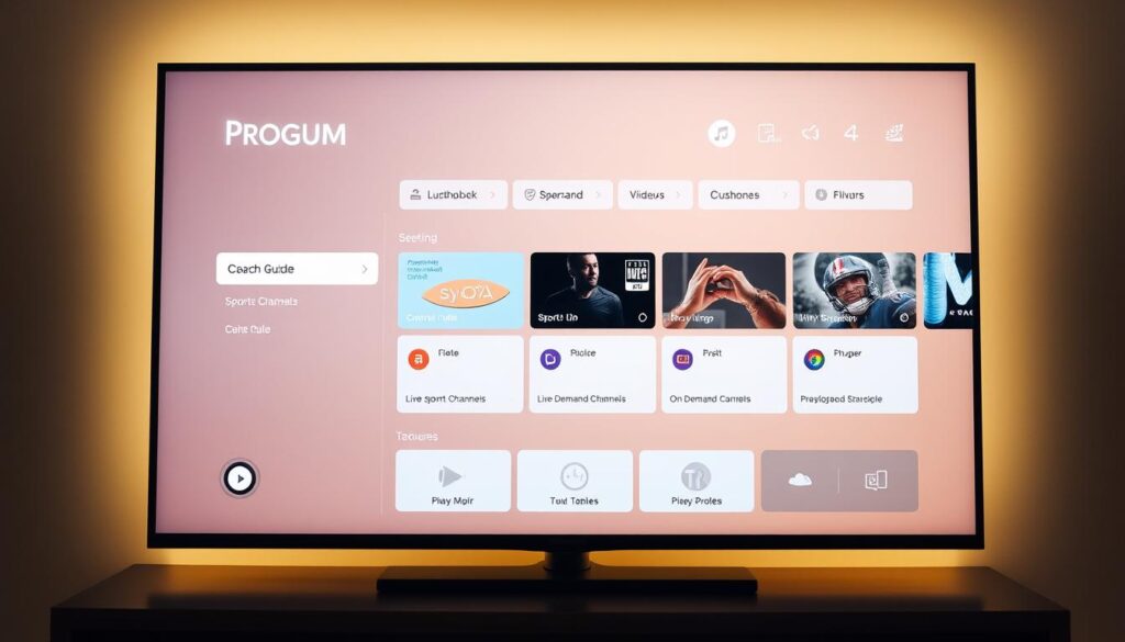 A sleek, modern electronic program guide displayed on a high-definition television screen. The interface features a clean, minimalist design with intuitive navigation menus, program information, and visual cues. The screen is bathed in a warm, soft lighting that creates a cozy and inviting atmosphere, complementing the user-friendly layout. The guide seamlessly integrates live sports channels, on-demand content, and customizable viewing preferences, empowering users to effortlessly find and access their desired entertainment. The overall impression is one of technological sophistication and streamlined functionality, perfectly capturing the "Simplify Your Viewing Experience" theme.