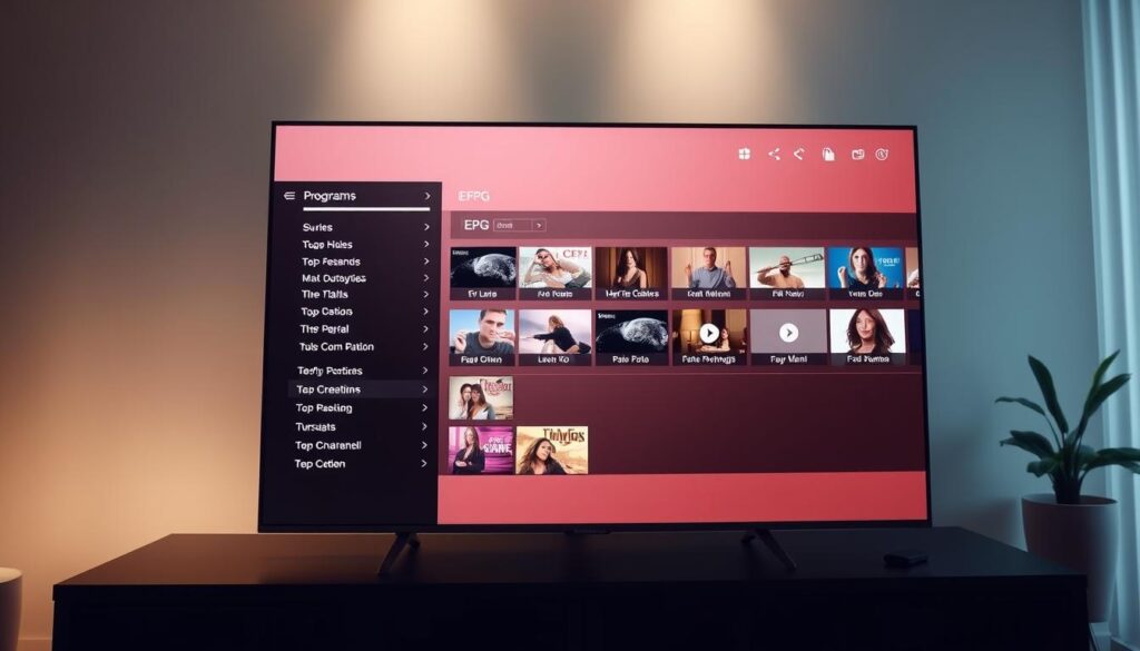 A sleek, modern electronic program guide interface displayed on a high-definition television screen. The foreground features a clean, intuitive layout with clearly organized program listings, channel icons, and visual thumbnails. The middle ground showcases smooth transitions between different EPG sections, with subtle animations and a responsive UI. In the background, a soft, muted color palette creates a calming, immersive viewing experience, enhanced by realistic ambient lighting simulating a living room setting. The overall aesthetic is minimalist yet sophisticated, reflecting the advanced capabilities of the IPTV service.