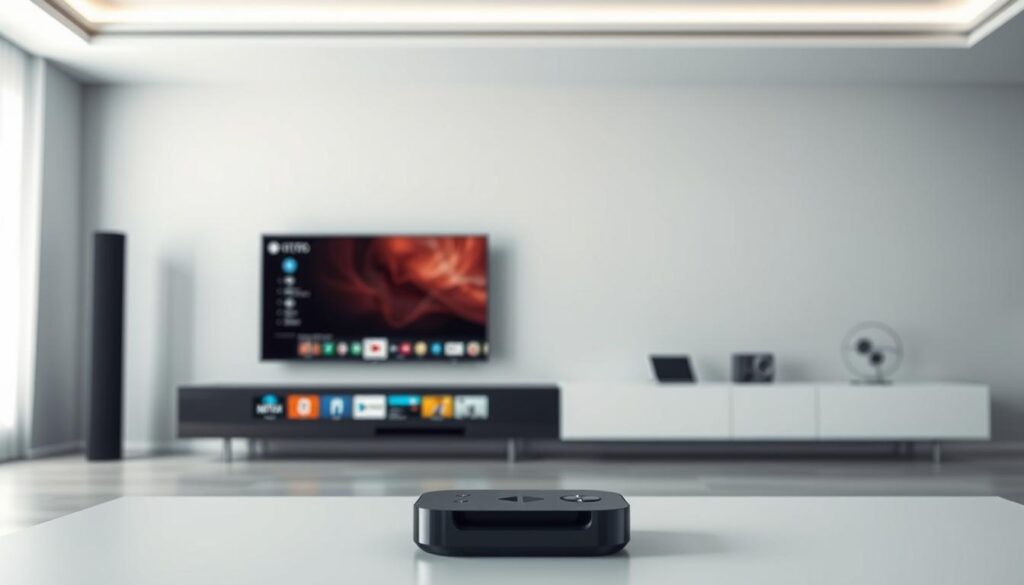 A sleek, modern interior with a minimalist aesthetic. In the foreground, a state-of-the-art streaming device sits prominently, its clean lines and intuitive interface suggesting seamless integration with a variety of popular smart TVs, smartphones, and tablets. The middle ground showcases a selection of streaming app icons, each representing a wide range of content, from live TV and movies to music and gaming. The background features a subtle, gradient-based color scheme, evoking a sense of digital connectivity and innovation. Soft, diffused lighting accentuates the sophisticated, high-tech ambiance, creating an image that embodies the harmony between advanced technology and user-friendly accessibility.