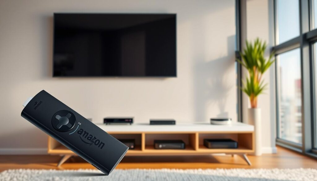 A sleek, modern living room setup with a large 4K television mounted on the wall. In the foreground, a black Amazon Firestick device is prominently displayed, its familiar logo illuminated. The middle ground showcases a minimalist entertainment center, housing various streaming devices and cable boxes. Soft, diffused lighting creates a warm, inviting atmosphere, while large windows in the background provide a view of a vibrant city skyline. The overall scene conveys the convenience and versatility of using IPTV on a Firestick, seamlessly blending technology and home decor.