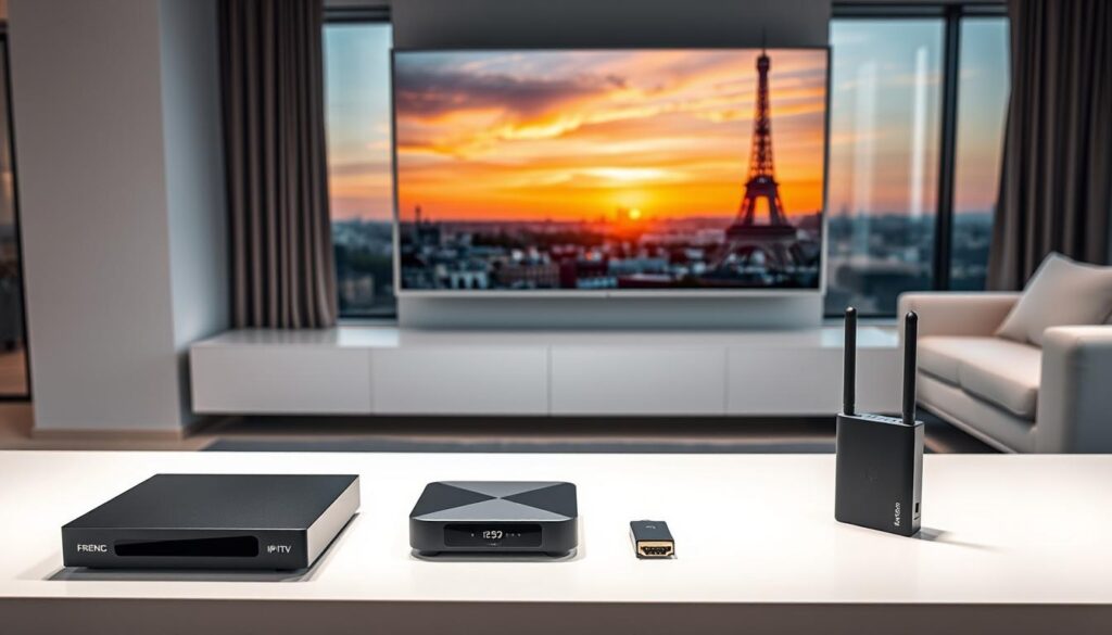 A sleek, modern living room with a contemporary entertainment system. In the foreground, several French IPTV devices sit neatly arranged on a minimalist TV stand - a high-end streaming box, a compact HDMI dongle, and a discrete network router. Soft, indirect lighting illuminates the devices, highlighting their sharp lines and premium finishes. The middle ground features a large, high-definition smart TV mounted on the wall, its display showing vibrant, high-quality French programming. In the background, floor-to-ceiling windows offer a panoramic view of a Parisian cityscape, with the Eiffel Tower visible in the distance, bathed in the warm glow of sunset. The overall scene conveys a sense of technological sophistication and cultural immersion, perfectly suited for the "Technical Requirements for Streaming French IPTV" section.