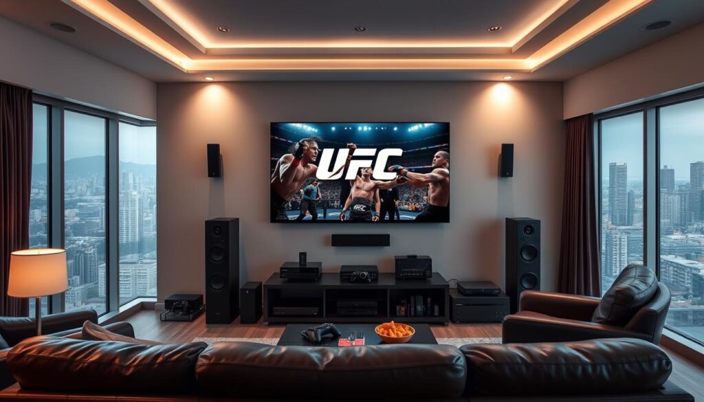 A sleek, modern living room with a large flat-screen TV mounted on the wall, displaying the UFC logo and fight footage. The room is well-lit, with a mix of overhead and ambient lighting creating a warm, inviting atmosphere. The TV is surrounded by high-end audio equipment, gaming consoles, and other media devices, conveying a sense of a premium home entertainment setup. In the foreground, a comfortable leather sofa and armchair provide the perfect viewing experience, while a coffee table holds various remote controls and snacks. The background features floor-to-ceiling windows, offering a scenic view of a bustling city skyline, emphasizing the urban, technological, and high-end nature of the UFC streaming experience.