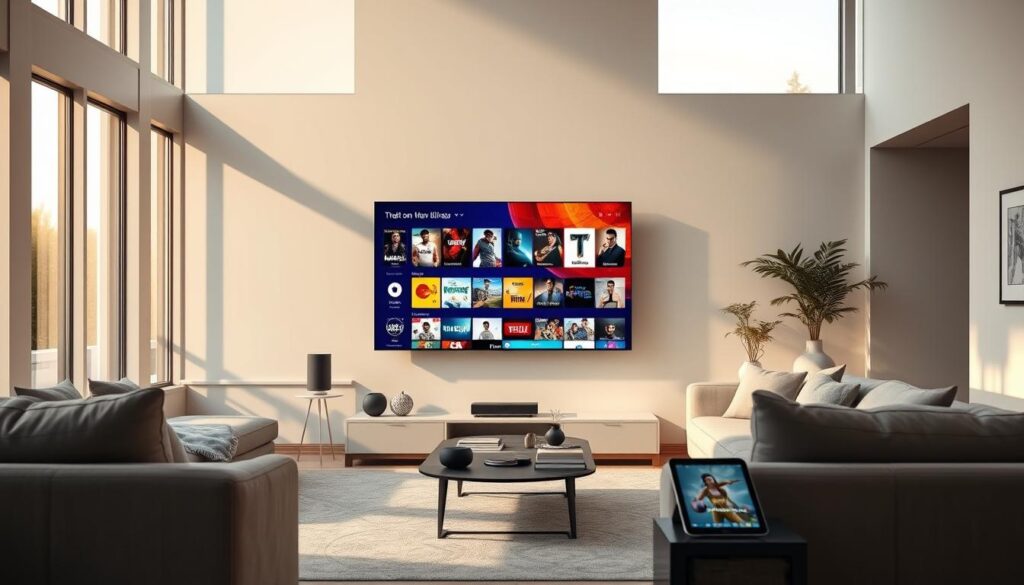 A sleek, modern living room with floor-to-ceiling windows, bathed in warm, natural lighting. In the center, a state-of-the-art smart TV displays a vibrant, seamless user interface, showcasing a vast library of on-demand movies and TV shows. Surrounding the TV, various smart devices, such as a voice-controlled assistant and a touchscreen tablet, highlight the advanced streaming capabilities. The room's minimalist decor and clean lines convey a sense of technological sophistication, complementing the cutting-edge media features. A subtle, muted color palette of grays, whites, and natural wood tones creates a calming, inviting atmosphere, perfect for immersive movie-watching or content streaming.