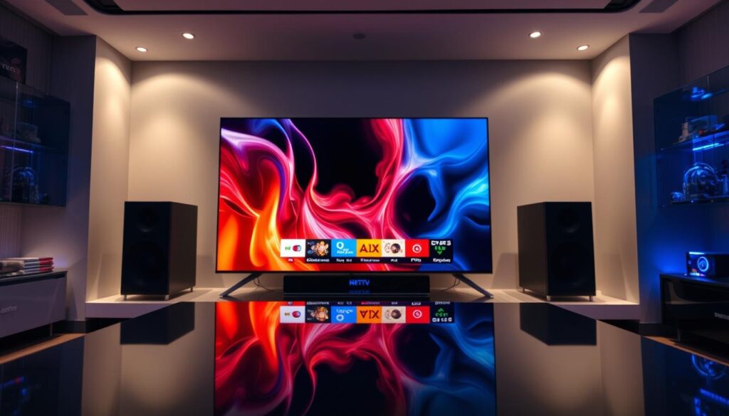 A sleek, modern media center showcases the exceptional streaming performance of GetMaxTV. In the foreground, a high-resolution display commands attention, its vibrant, true-to-life visuals epitomizing the service's content quality. Behind it, a powerful media hub pulses with activity, its cutting-edge internals facilitating seamless, low-latency streaming. The atmosphere is one of technological sophistication and innovation, with thoughtful lighting accentuating the clean, minimalist design. Subtle reflections on the display's surface convey a sense of depth and immersion, while the overall composition suggests the effortless, immersive viewing experience that GetMaxTV delivers.